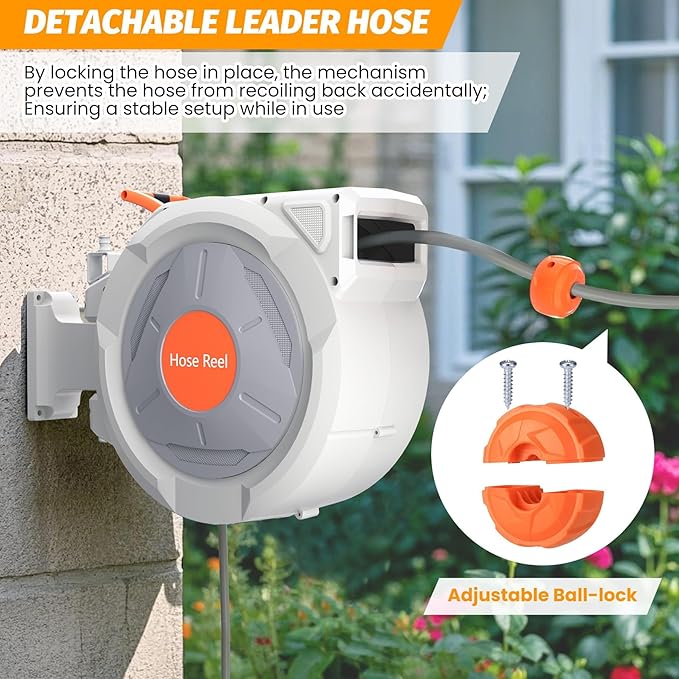 Retractable Garden Hose Reel, 5/8 in x 65 ft Wall Mounted Water Hose Reel with 9 Function Sprayer Nozzle, Any-Length Lock, Automatic Slow Rewind System, 180° Swivel Bracket for Yard, Garden, Outdoor