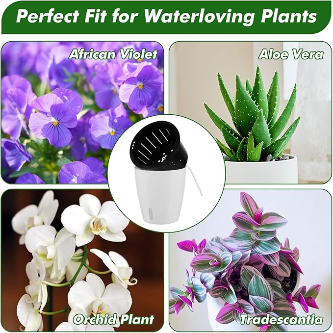 Planterhoma 5 Inch Self Watering Pots for Indoor Plants, 6 Packs African Violet Pots with Indicator, Black Wick Pot with Drainage Holes, Self Watering Planters for Orchid, Devil's Ivy, White