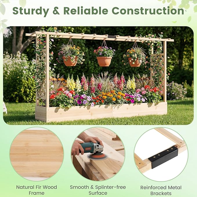 Giantex Wooden Raised Garden Bed with Trellis & Hanging Roof, Fir Wood Planter Box, 45” Freestanding Elevated Garden Bed for Outdoor Climbing Plants Vegetables Flowers, Patio & Balcony, Natural
