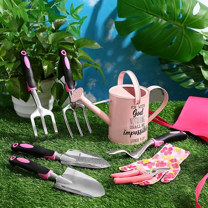 9 Pcs Garden Tools Set Gardening Gifts for Women Include 6 Heavy Duty Garden Hand Tools 1. 6L Christian Galvanized Metal Watering Can Apron Gloves Ideal Gifts for Women Mom Grandma(Pink)