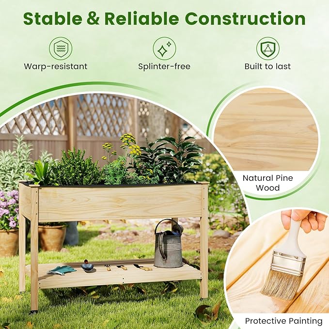 Raised Garden Bed with Legs, Wood Raised Planter w/Lockable Wheels, Drainage Holes & Storage Shelf, Planter Box for Flowers Herbs, Outdoor Balcony Backyard, Natural, 47" L x 23" W x 33" H