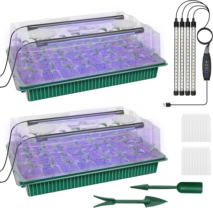Seed Starter Tray with Grow Light, 2 Pack 80 Cells Seed Starter Kit, Complete System with Humidity Dome, Full Spectrum LED, Dimmable Timer for Indoor Gardening & Seedlings