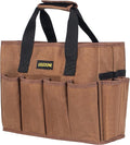 Tool Bag 16 oz. Waxed Canvas Tool Bag Large Capacity Tool Storage Tote comes with a Main Compartment and 12 Exterior Pockets for Wrenches, Scissors, Hammers or a set of Garden Tools and More - Khaki