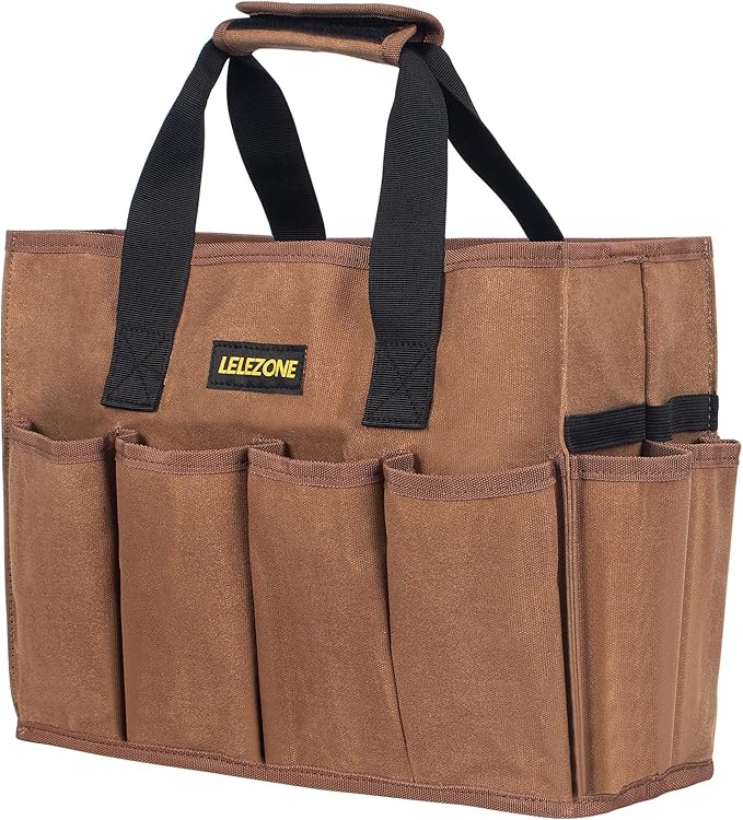 Tool Bag 16 oz. Waxed Canvas Tool Bag Large Capacity Tool Storage Tote comes with a Main Compartment and 12 Exterior Pockets for Wrenches, Scissors, Hammers or a set of Garden Tools and More - Khaki