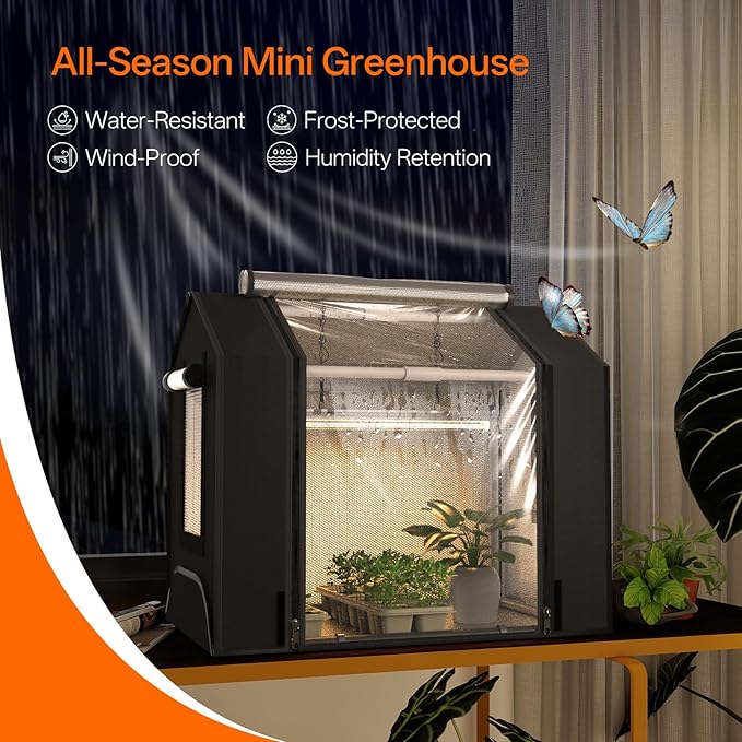Bstrip Indoor Greenhouse with Grow Light, GM3 Mini Grow Tent with Oxford Fabric, Waterproof Base Mat&Ventilation Window for Seed Starting&Plant Growth, 18W Grow Light with Timer, 23.8"x15.7"x20.5"