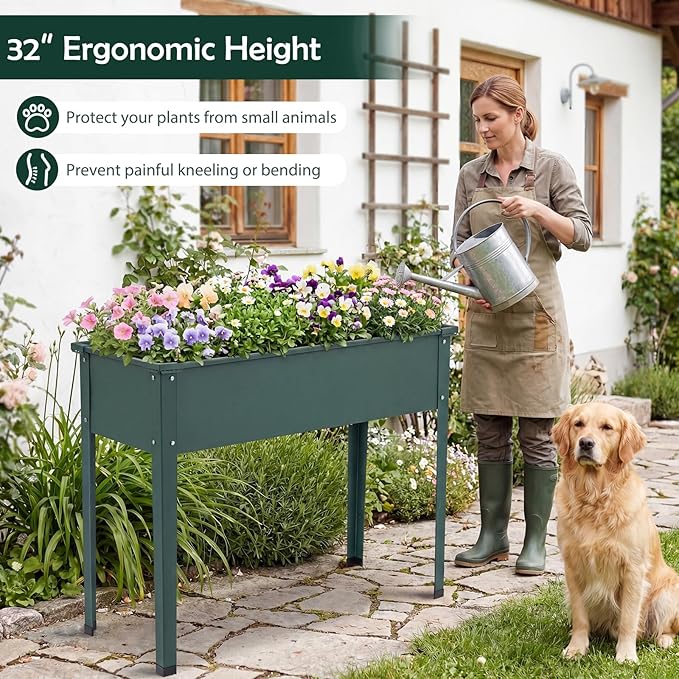 Giantex Metal Raised Garden Bed with Legs, 40”x16”x32” Elevated Planter Box with Drainage Holes for Vegetable Fruit Flower Herb, Outdoor Standing Gardening Box for Balcony Backyard Patio Porch, Green