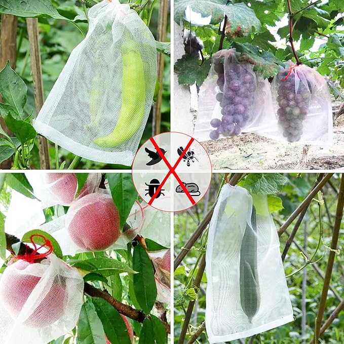 Kikhope 50 Pcs Fruit Protection Bags, 12"x8" Mesh Netting Barrier Bags, Garden Plant Fruits Flower Protect Bag, Garden Netting Bag for Protecting Your Plant Fruits Flower Vegetable