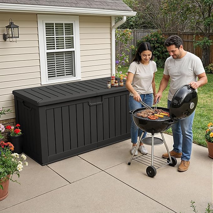 240 Gallon HDPE Deck Box Outdoor Indoor Waterproof Storage Box for Patio Furniture, Pool Accessories, Garden Tools, and Cushion Storage, Black