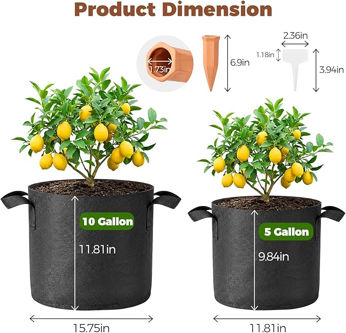 5-Pack 10 Gallon Grow Bags for Potato Tomatoes Vegetables, 5 Pack Terracotta Plant Self-Watering Stake Spike for Outdoor Indoor Plants, 300g Heavy Duty Thickened Nonwoven Fabric Cloth Pot Planting Bag