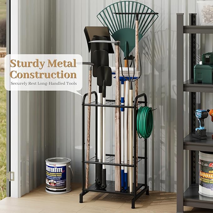 Garden Tool Organizer, Garage Tool Storage Rack, Heavy Duty Metal with Side Pegboard & Adjustable Hooks, Utility Racks for Shed, Patio & Outdoor Use