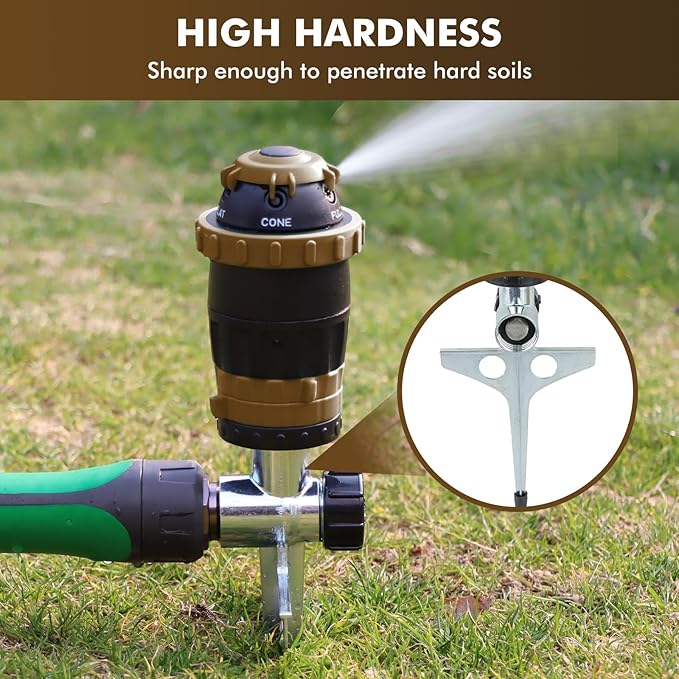[2 Pack] RESTMO Gear Drive Sprinkler with Metal Spike Base, 5-Pattern Heavy Duty Gardening Watering System, Multi-Adjustable Lawn Sprinkle for Garden Plant, Flower Bed and Large Yard Area, Brown