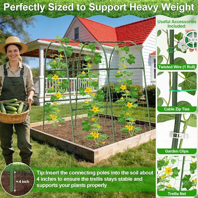 Cludoo Cucumber Trellis for Raised Bed Garden, U-Shape Arch Trellis for Climbing Plants Outdoor, Metal Vegetables Trellis with Netting, Garden Trellis for Cucumber Plants Sweet Pea Bean Grape