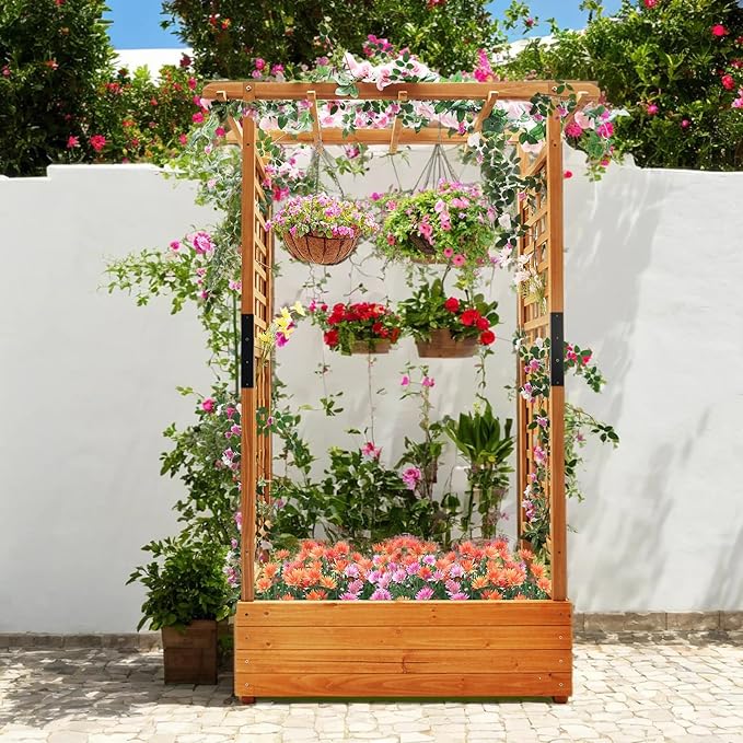 Raised Garden Bed Wooden Patio Planter with Trellis Outdoor Climbing Cucumber Box Pots Tomato Flower Vegetable Herb Porch, Tall Hanging Roof, Orange, 42.5" L x 17.3" W x 66.1" H