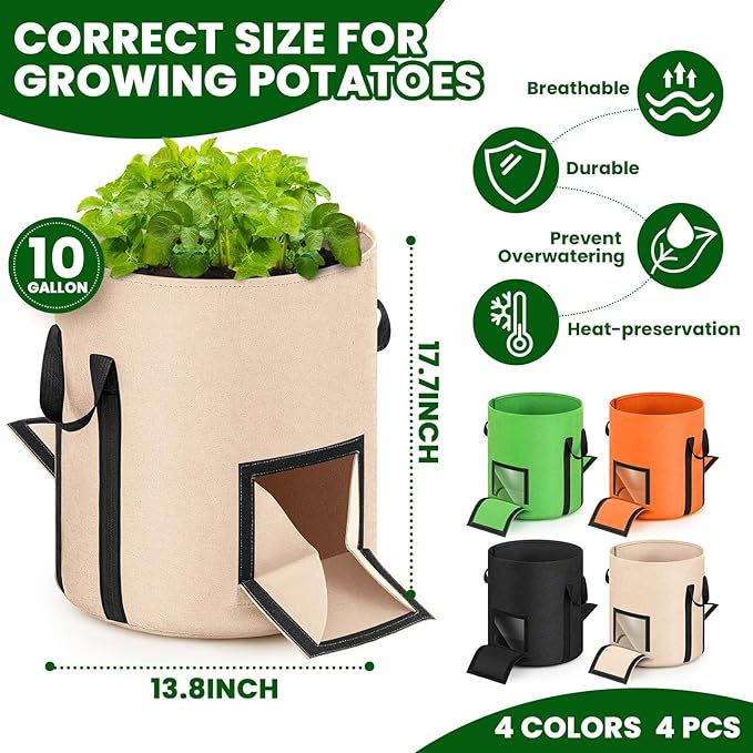 4 Pcs Upgraded 10 Gallon Potato Grow Bags with Harvest Window & Visible Window, Sturdy Handle, Thickened Non-Woven Planter Pots Potato Growing Container for Tomato Vegetable (Multicolor)