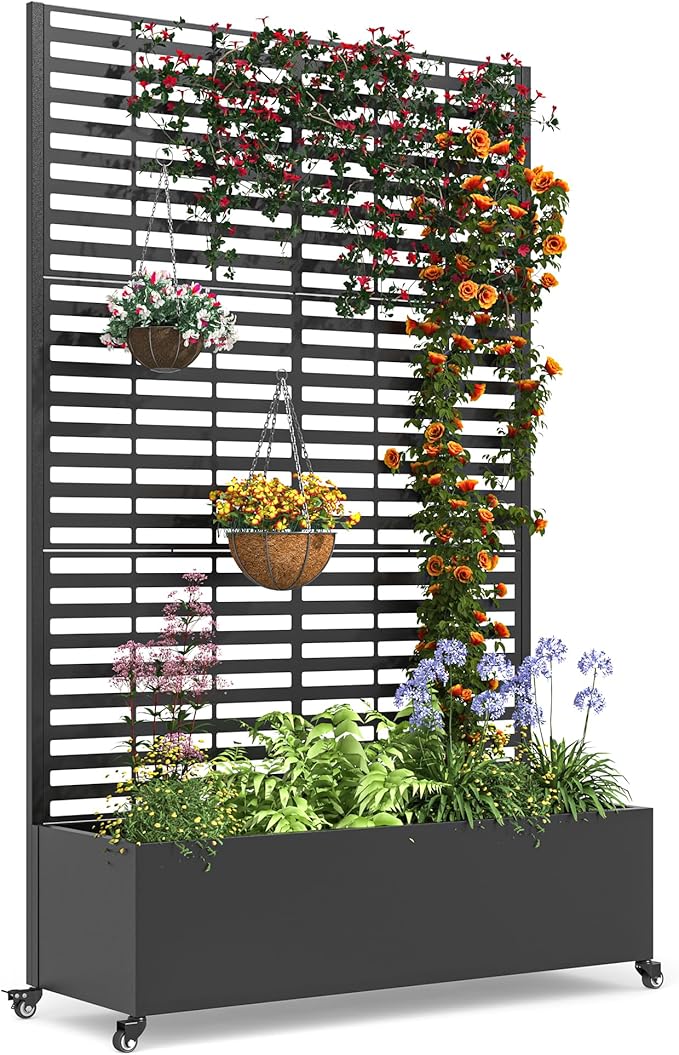 Metal Planter Box with Trellis, 73"x 47"x 16" Raised Garden Bed with Wheels and Drainage Holes, Planter with Trellis for Garden, Balcony and Patio, Black