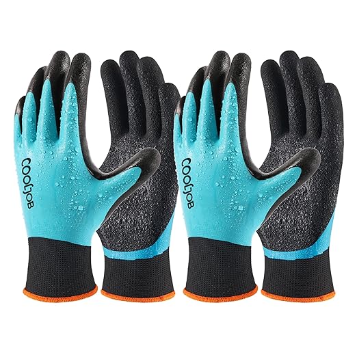 COOLJOB Waterproof Gardening Work Gloves with grip for Women & Men, Double Rubber Coated for Garden Yard Outdoor Construction Worker, Blue Large Size 2 Pairs