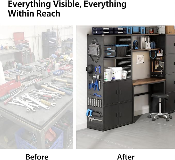 FLEXIMOUNTS Garage Storage Cabinet System, 3-in-1 Modular System with Integrated Workbench, Cabinets & Pegboard, 24-Gauge Steel, 117" L, 6-Door Cabinet for Garage Workshop, Black, FLEXIMOD Series