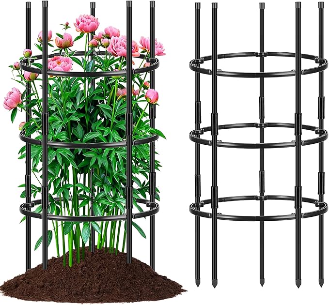 2PCS 19.5" D x 39" H Peony Plant Support Cage, 3 Tier Stackable Plant Support Ring, Metal Core with PVC Coated Stakes, Garden Plant Support for Peonies Tomatoes and Climbing Plants