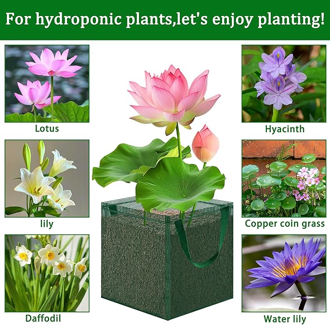 EBaokuup 4 Pcs Pond Planting Bag with Handle, Reusable 7 Inch Square Aquatic Mesh Plant Pot for Ponds, Breathable Green Water Garden Pond Plant Basket for Lotus Bog Terrestrial Plants