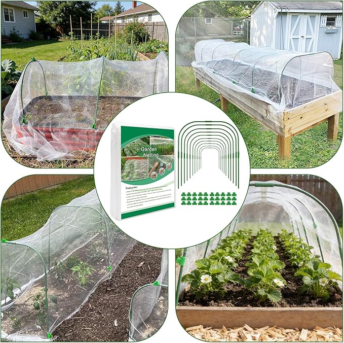 Garden Netting Kit for Raised Beds, 8x40ft Ultra Fine Mesh Netting & 10 Sets Garden Hoops with Clips, Row Cover Net Protection Plant Covers Set for Greenhouse Vegetable Fruits Flowers Barrier