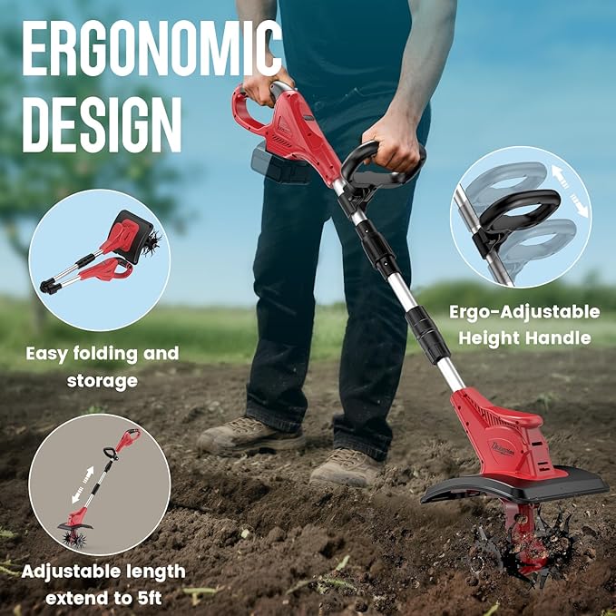 Cordless Tiller Cultivator Compatible with Milwaukee 18V Battery (Tool Only), 310RPM Electric Rototiller Garden Tools with 40 Steel Tines, 9.1In Tilling Width & 6.3In Depth, Folding Design