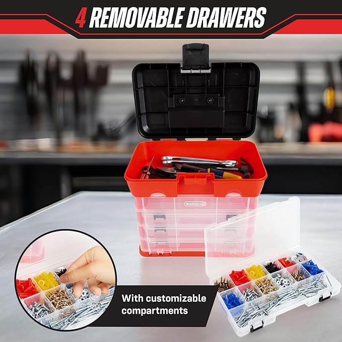 Portable Tool Storage Box - Small Parts Organizer with 4 Multi-Compartment Trays for Fishing Tackle, Hand Tools, or Craft Supplies by Stalwart (Red)