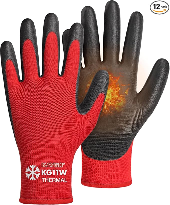 KAYGO 12 Pairs Winter Work Gloves for Men and Women, Thermal Insulated Safety Work Gloves PU Coated, Super Grip,Ideal for Freezer Work,Red,S