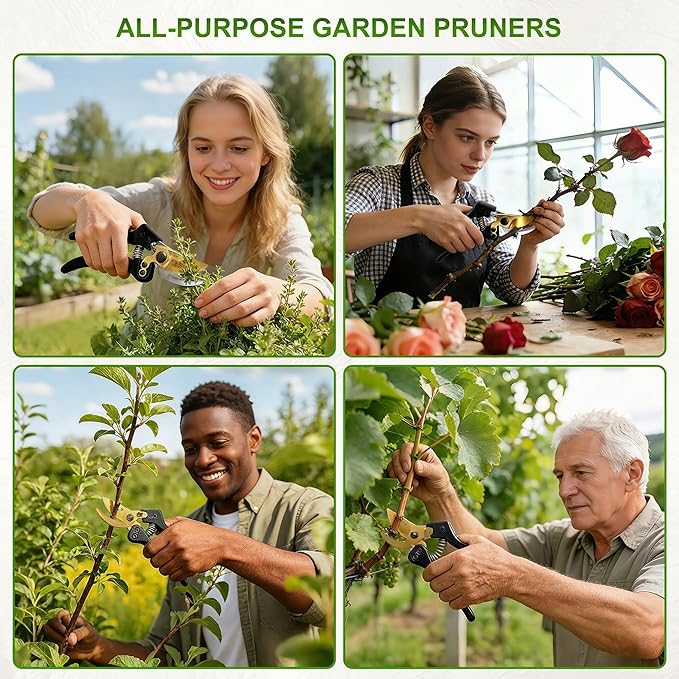 Pruning Shears Heavy Duty, SK5 Steel Bypass Hand Pruners with Teflon Coated Blade, Gardening Scissors for Trees, Shrubs, Roses & Plants, Ergonomic Non-Slip Grip, Clean Precision Cutting