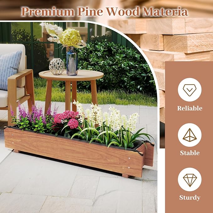 HAPPYGRILL Raised Garden Bed, Wood Flower Planter Box w/4 Drainage Holes, Black Liner for Containing Soil, Indoor Outdoor Wooden Plant Container for Backyard, Patio, Balcony (2,36" x 7" x 6.5")