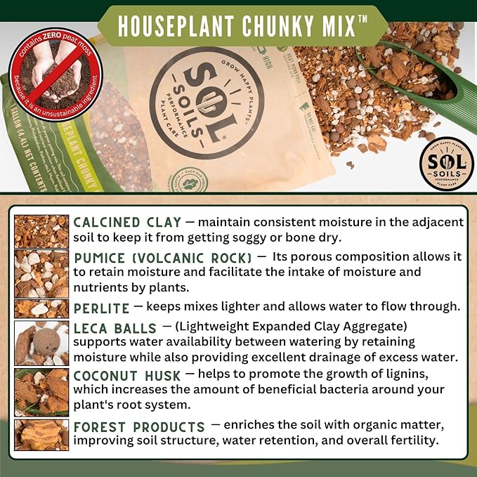 Sol Soils Houseplant Chunky Mix - Fast Draining, Chunky Soil Mix for Indoor Plants - 1 Gallon - Coco Coir, Perlite, Pumice