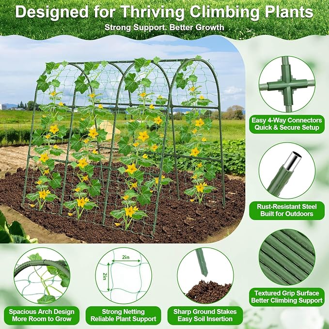 Cludoo Cucumber Trellis for Raised Bed Garden, U-Shape Arch Trellis for Climbing Plants Outdoor, Metal Vegetables Trellis with Netting, Garden Trellis for Cucumber Plants Sweet Pea Bean Grape