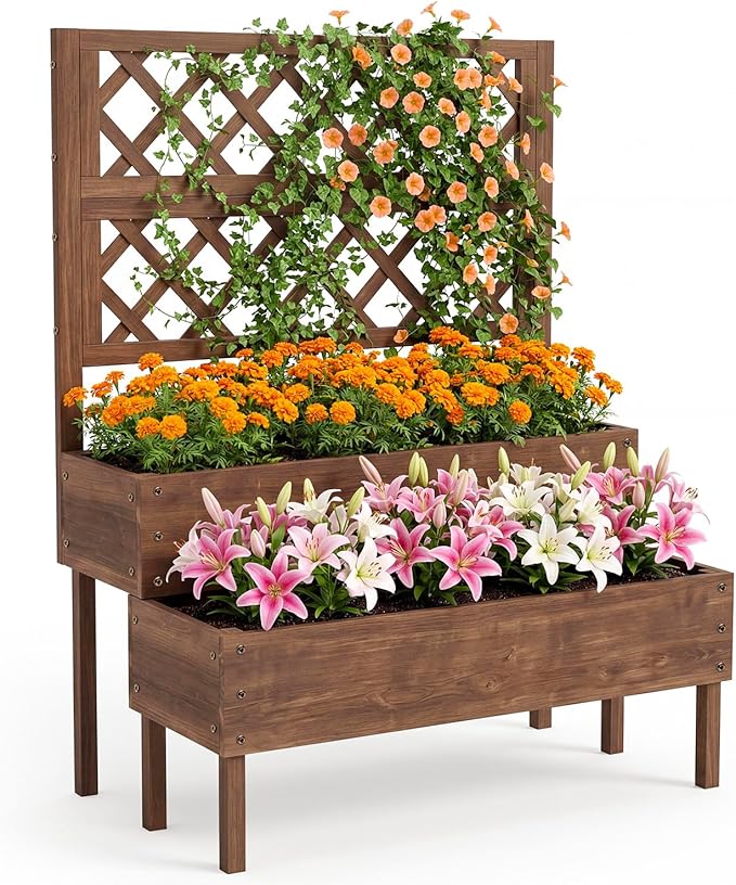 Garvee Raised Garden Bed with Trellis, 2-Tier Outdoor Wooden Elevated Planter Box with Legs & Drainage Holes, Vertical Planter Box Stand for Backyard, Patio, Balcony, Brown