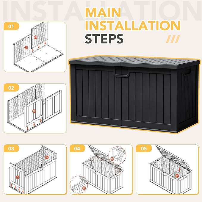 240 Gallon HDPE Deck Box Outdoor Indoor Waterproof Storage Box for Patio Furniture, Pool Accessories, Garden Tools, and Cushion Storage, Black