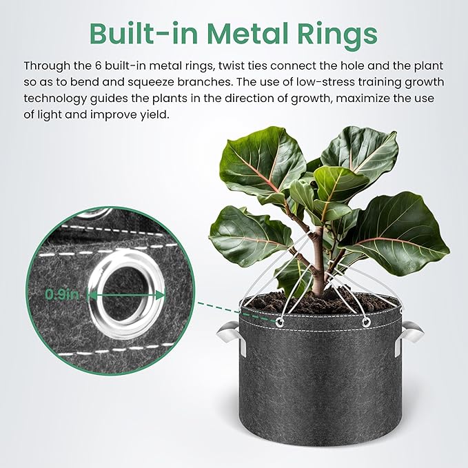 InfiniPower 5 Pack 10 Gallon Plant Grow Bags, 400G Thick Nonwoven Fabric Pots with Multi-Purpose Rings and Handles, Reusable for Low Stress Plant Training Fruits, Vegetables and Flowers
