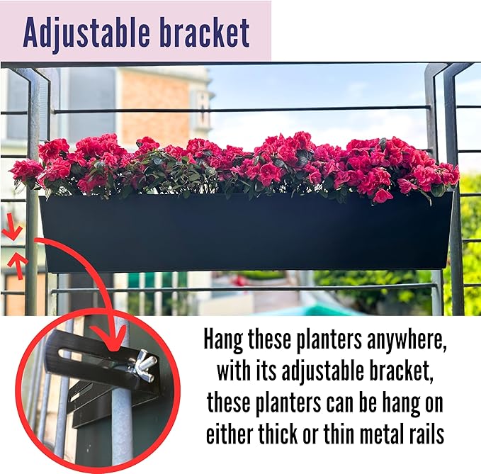 LaLaGreen Rail Planter for Balcony Outdoor (1 Pack, 40 Inch) Large Black Self Watering Railing Planters with Brackets, Rectangular Plastic Window Flower Box Simple Designer Choice with Rattan Pattern