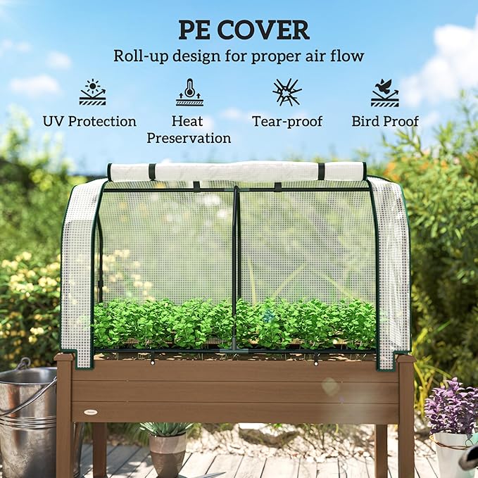 Outsunny Raised Garden Bed with PE Greenhouse Cover Outdoor Elevated Wood Planter Box for Herbs and Vegetables, Use for Patio, Backyard, Balcony, 48 x 22 x 46 inch, Brown