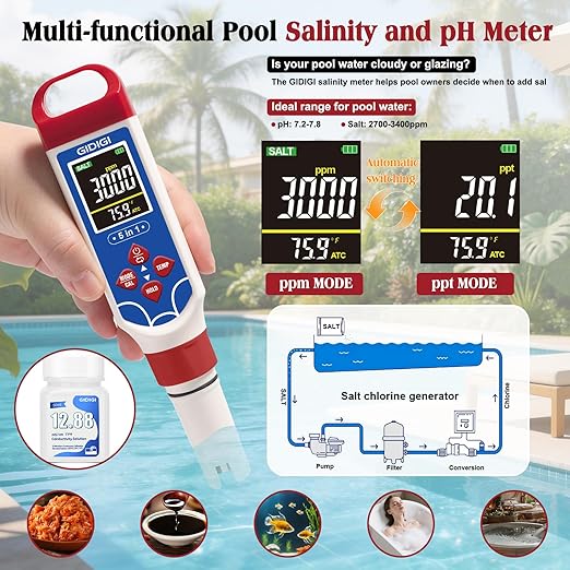 5 in 1 Digital pH Meter TDS EC Temp. Salinity Tester, Update Color Screen Pool Salinity Meter with Calibration Kit, Hydroponic pH Reader with Reset Function for Aquarium Reef Tank Cooking water