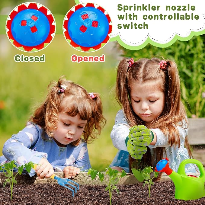 Biubee Kids Gardening Tools Set - Sturdy Watering Can Toy Set with Metal Shovel Hand Rake Kids Gloves, Toddler Gardening Kit Garden Toys for Outdoor Beach Sand Toy Gift, Green