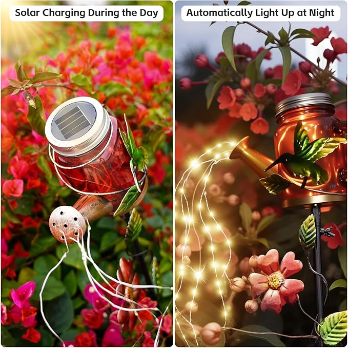 SRNPMIU Solar Watering Can Light, Yard Outdoor Decor Lights, IP65 Waterproof, Hanging Hummingbird Garden Light, Outside Garden Flower Bed Decor, Women Gift, Birthday Gifts