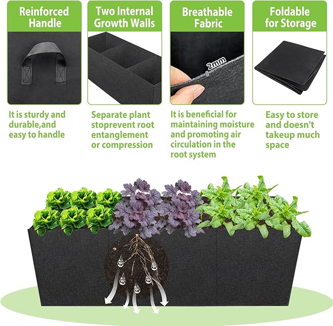 3 Pack Fabric Raised Garden Bed, 22 Gallon 3x1x1 FT Garden Growing Bags with Handle, 3 Grids Breathable Garden Grow Bed Bag Grow Planter Bags Plant Bed for Planting Vegetables, Flowers and Herbs