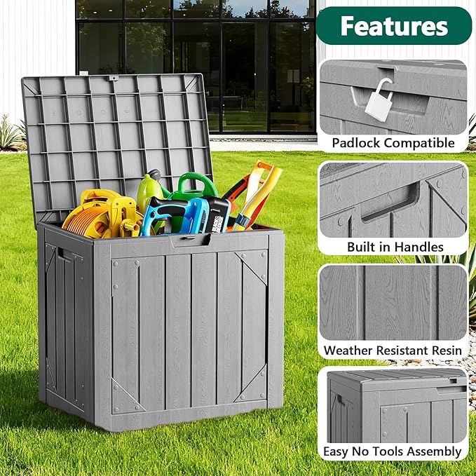 Outdoor Storage Box - 30 Gallon Waterproof Resin Deck Box, Lockable Patio Storage Bench for Package Delivery, Cushions & Garden Tools, UV Resistant (Grey)