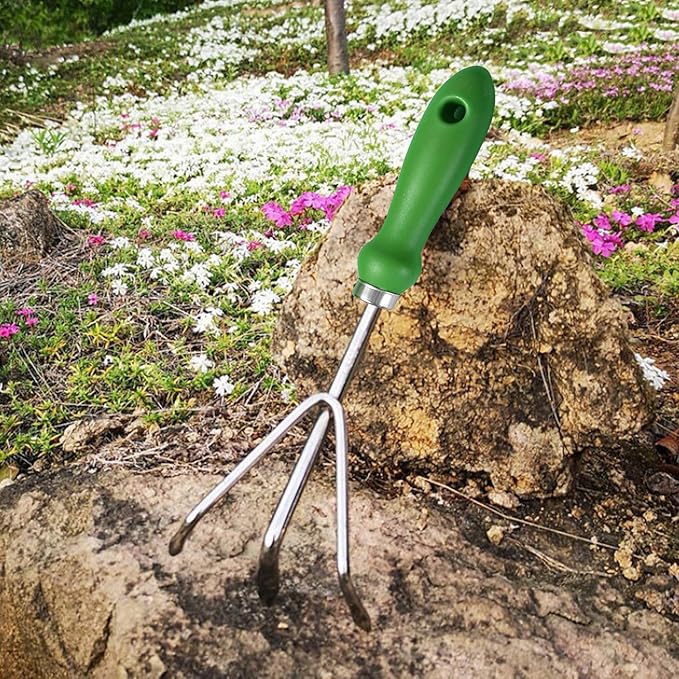 Garden Rake Soil Tiller, Stainless Steel Claw Gardening Tools with Ergonomic Handle, Bow Rake Garden Fork Hand Rake Cultivator, Great for Gardening, Cultivating, Loosening Soil, Spreading Mulch