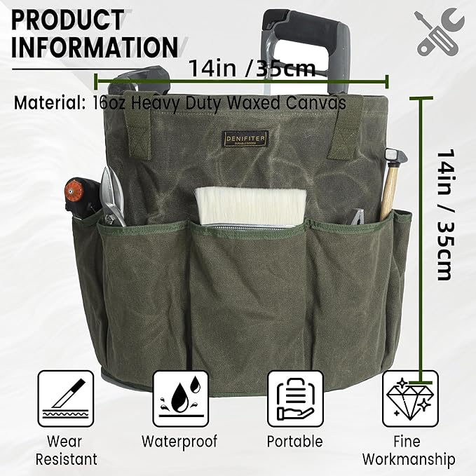 Denifiter Professional 16oz Waxed Canvas Garden Tool Tote - Extra Large Waterproof Storage with 8 Pockets & Reinforced Base | Durable Carrying Case for Gardening, Landscaping & Outdoor Work