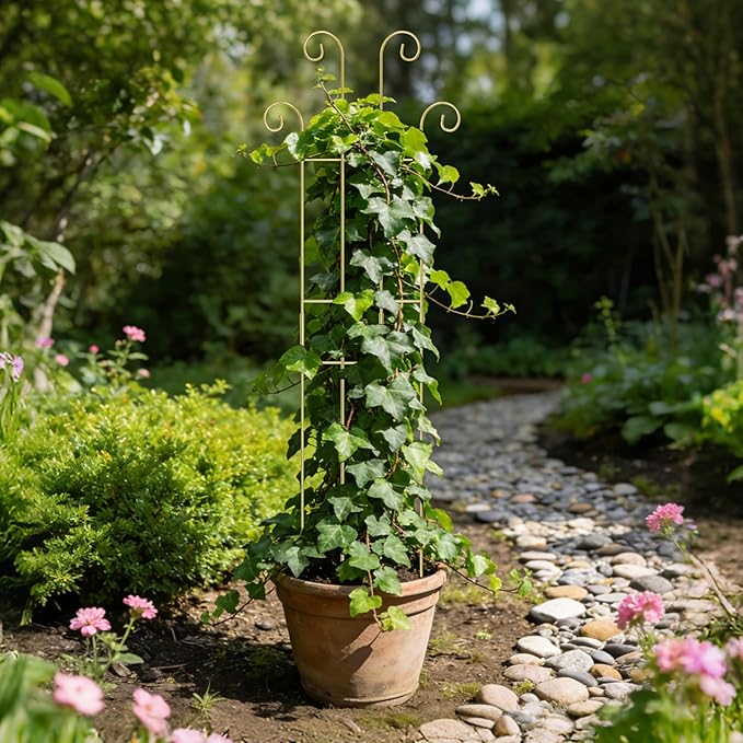 3 Set Tall Trellis for Potted Plants Indoor, 32'' Expandable Garden Metal Trellis for Climbing Plants Outdoor, Monstera Plant Support for Hoya, Vine, Ivy Pothos (Gold)