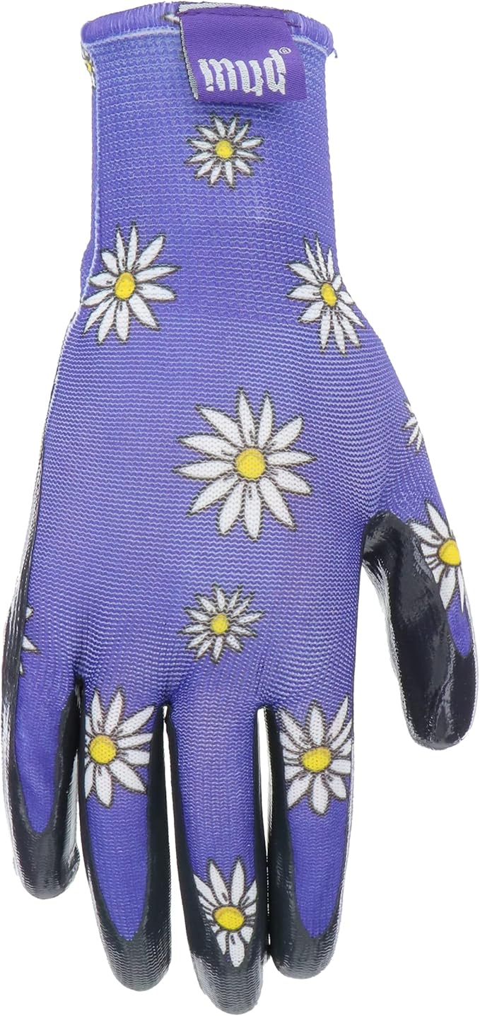 Mud Grip Women's Daisy Printed Polyester Shell and Flat Nitrile Coated Palm Gardening Gloves,