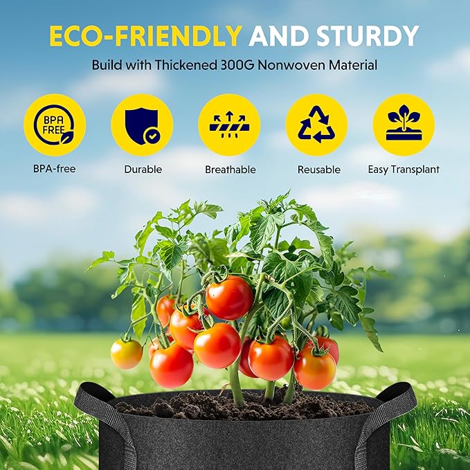 iPower 12-Pack 10 Gallon Grow Bags Heavy Duty Thickened Aeration Nonwoven Fabric Pots with Nylon Handles and 12 Labels for Planting Vegetables, Fruits, Flowers, Black