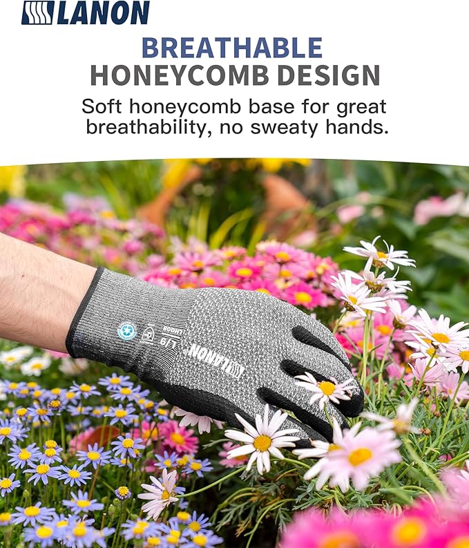 LANON Protection Gardening Gloves for Men Women, 2 Pairs Nitrile Coated Garden Gloves with Grip, Breathable B.COMB AIR Technique, Dusty Olive & Bluebird, Small