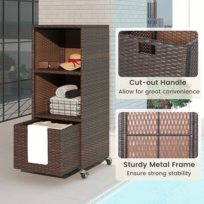 RELAX4LIFE Wicker Outdoor Storage Cabinet - Rattan Pool Towel Rack on Wheels w/Shelves and Drawer, Tall Patio Furniture Outside Caddy Organizer for Porch Deck, Garden Tool & Hot Tub Accessory Storage