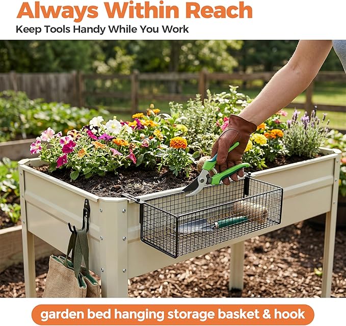 Metal Raised Garden Bed Hanging Storage Basket Includes Hooks, 15.6 x 5.8 x 3.8in Flower Bed Clip-On Hanging Organizer Basket for Raised Garden Beds Kit for Gardening Tools & Supplies