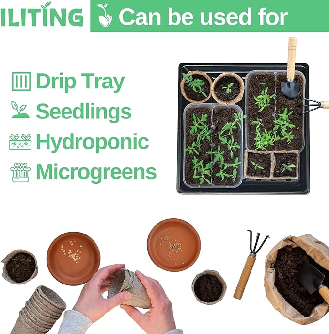 Plant Growing Trays for Seedlings Microgreen Seed Starter Shallow Plants Tray Drip Tray Standard 1010 Tray no Holes 5 Pack Black 10.7 x 10.7 inches Square Trays